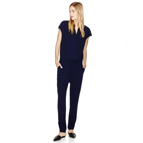 Aritzia Babaton Donnie Navy Blue Short Sleeve Drawstring V Neck Jumpsuit Size M - Picture 1 of 8